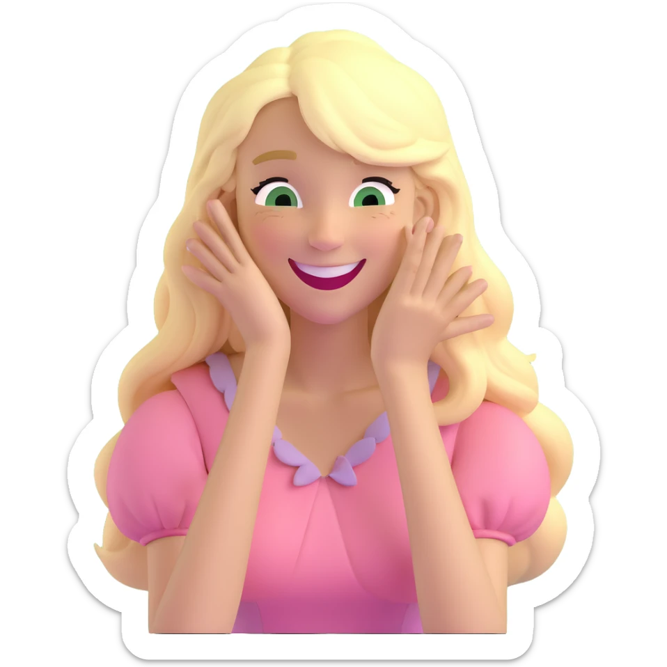 a 3d IOS realistic style emoji of a blonde with long hair and swamp eyes in a pink pastel dress laughing sticker
