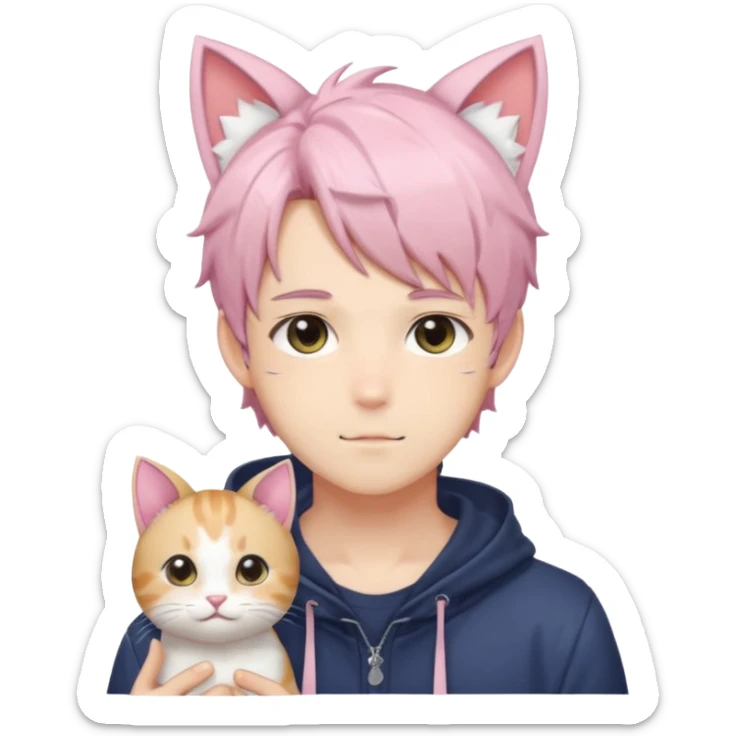 Shiny Blushing Cute Kawaii Handsome Shota Anime Man with Cat Ears Trending Style Cottagecore Pastelcore  sticker