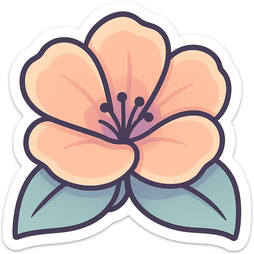 volumetric peach flower with open petals, icon-color-outlined style, detailed shadows and highlights, smooth color transitions, thin clean contours, soft rounded shapes, pastel palette #98B5BC, #B5B3C1, #C9A3C9, #E4C0CA, #F7DCD1, #F7C0AA, modern Japanese pop art and sticker aesthetics, soft lighting, transparent background sticker