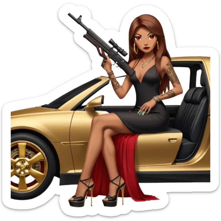 Lilith tan skinfemale red eyes symbol. Tattoo arms. Her hair is brown straight long hair.wearing sexy long elegant dress with slit. black stiletto thick platform high heels shoes on. Sitting on gold giant luxury car with cash inside . She is holding a sniper rifle in one hand cash in other hand sticker