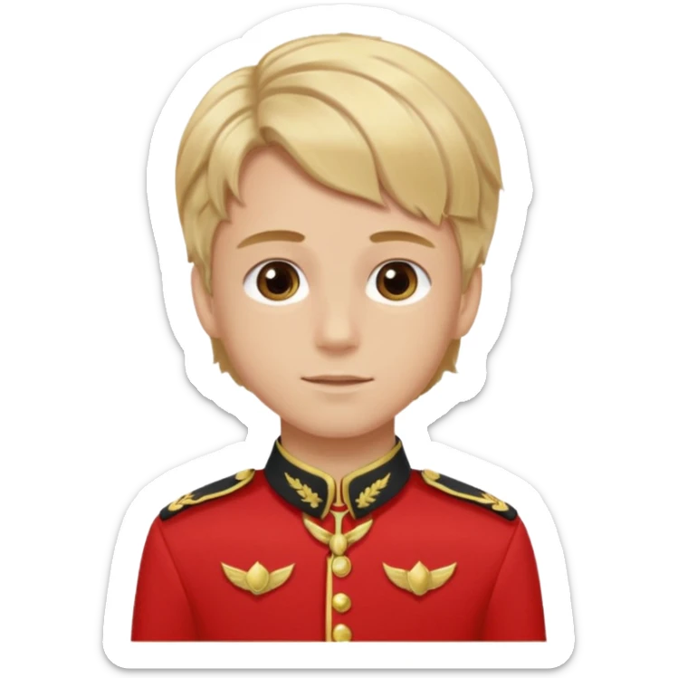 SARI SAÇLI SAÇININ YARISI SOLA DOĞRU DİĞERİNİN SAĞ TARAFTA AMA DÜZ DURAN KAHVERENGİ GÖZLÜ UZUN KİRPİKLİ BUĞDAY RENKLİ KIRMIZI ÜNİFORMALI BİR ERKEK ÇOCUK sticker