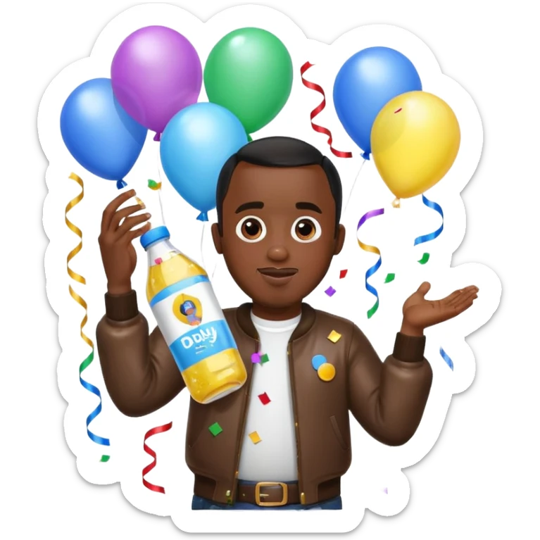 Diddy holding baby oil at a party with balloons and confetti and banners oiled up with kids oiled up sticker