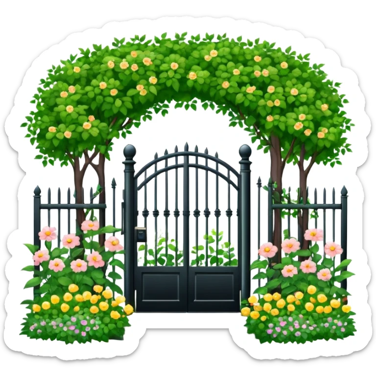garden entrance with black iron fence, green trees and flowering plants sticker