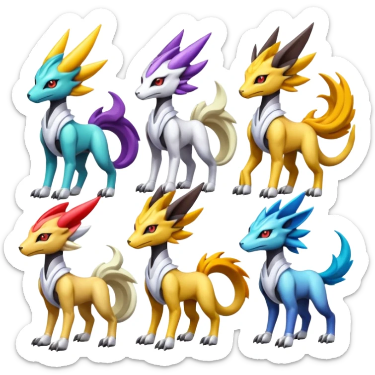 Colorful Futuristic Meloetta-Solgaleo-Raikou-Wargreymon-Sergal-Pokémon-Digimon-Fakémon-fusion-hybrid-creature sticker