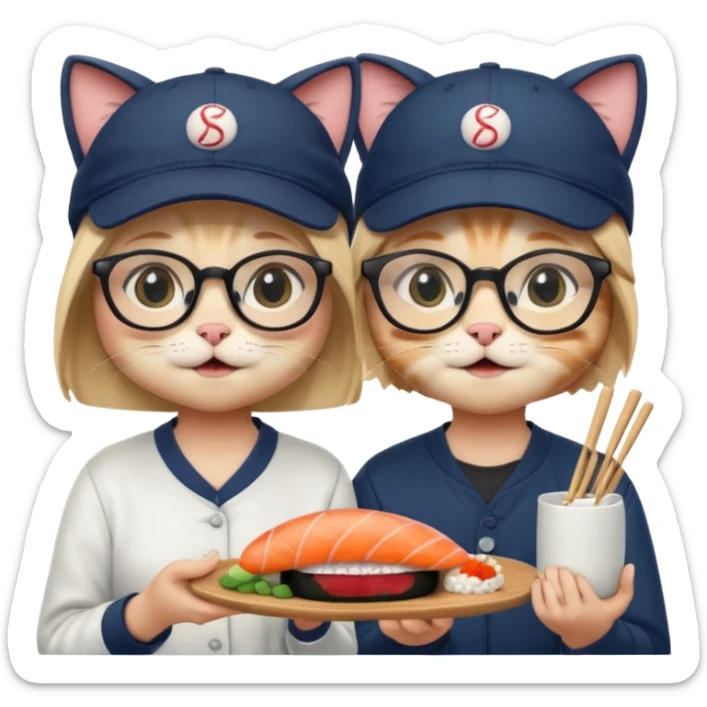 cute girl cat with glasses and a cute boy cat with a baseball cap eating sushi together sticker