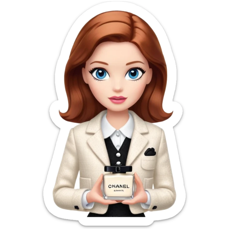A Barbie girl with blue eyes, shoulder-length reddish-brown hair with makeup, wearing a white tweed jacket and a black skirt, holds chanel cream in her hand sticker