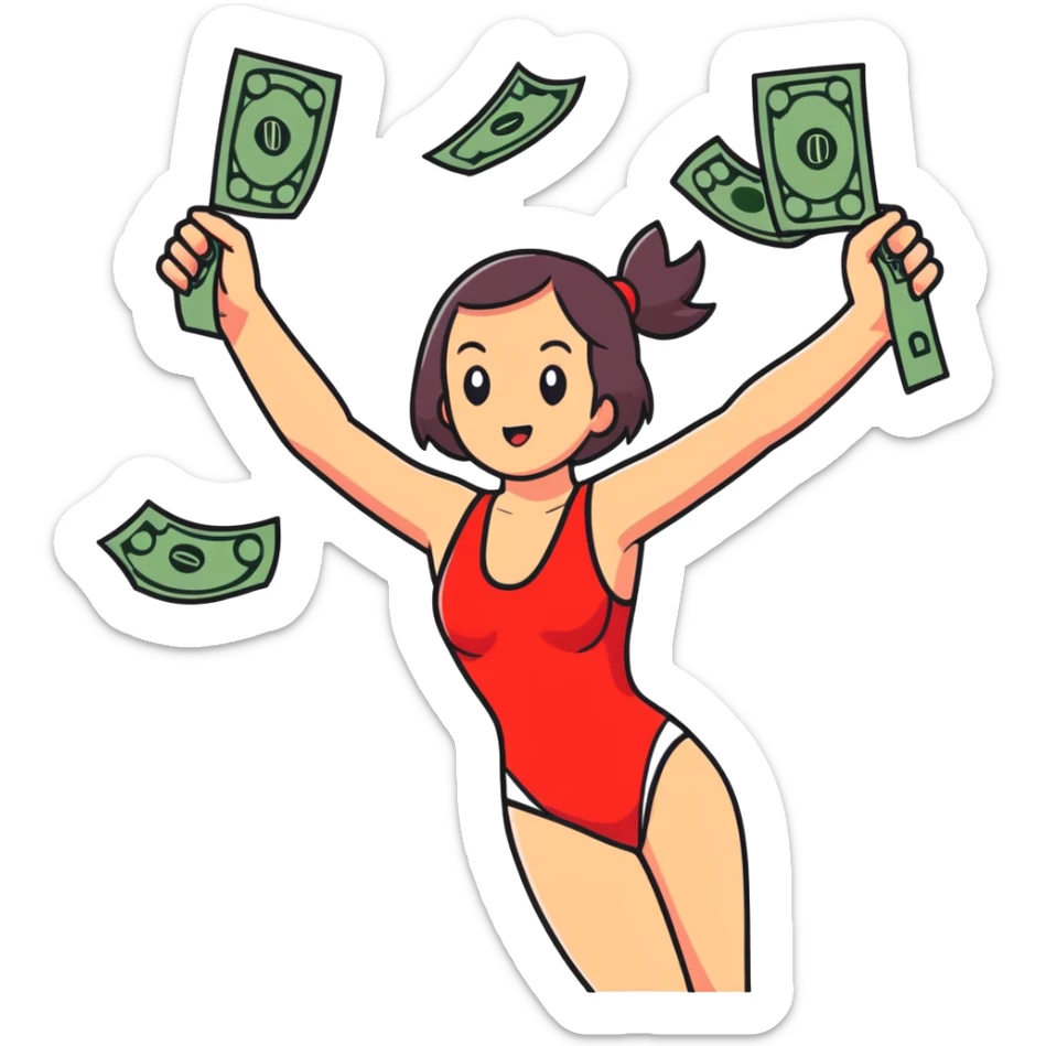 A girl in a red swimsuit shoots money from two pistols into the air sticker