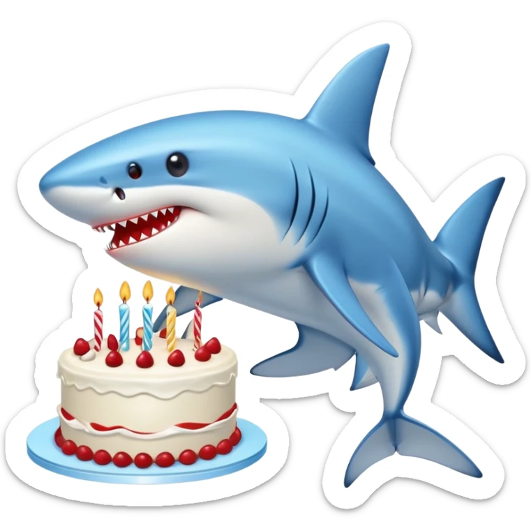blue shark with puckered lips directly kissing a birthday cake, clear kissing action sticker