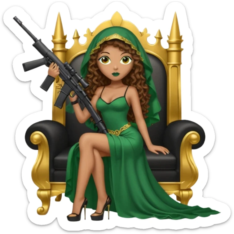Drug dealer female green eyes symbol.  hair is brown curly long hair. sexy long with long dress and face veil on that covers her mouth only. black stiletto platform high heels shoes on. Holding sniper rifle sitting on a gold throne. sticker