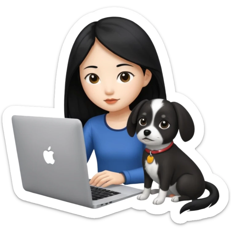 Asian girl with long black hair working on an Apple laptop, next to her is a small black and white dog with no collar on  sticker