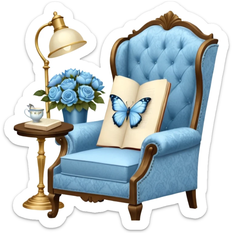 A cozy vintage-inspired reading nook, with an overstuffed ivory armchair, a golden reading lamp, and a bouquet of soft blue roses, white peonies, and dahlias resting on a small lace-covered side table, as a pearl butterfly gently rests on the open book.  sticker