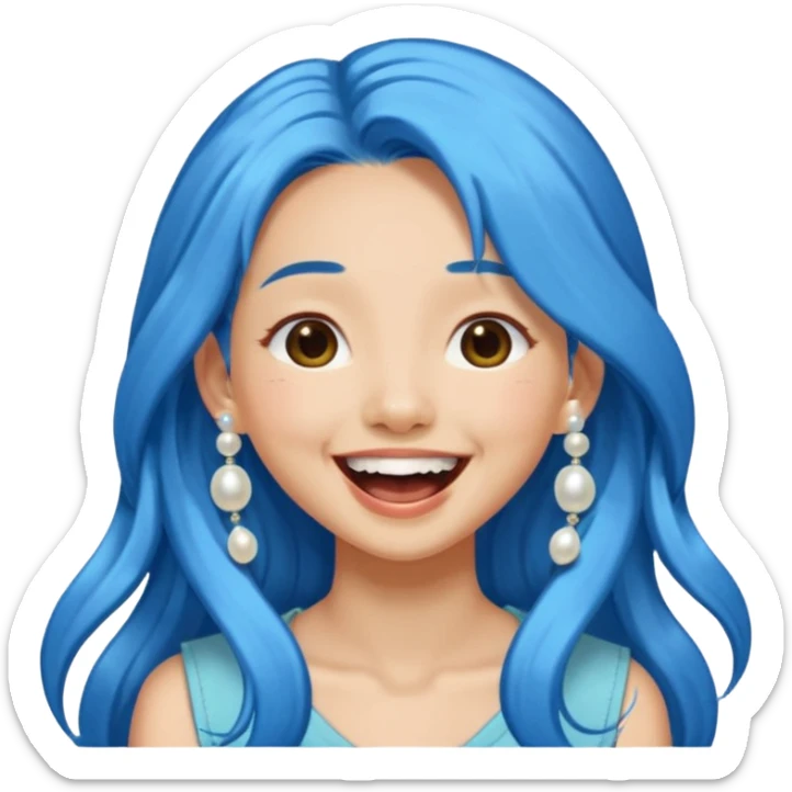 Asian girl with long blue hair, pearl hair clip, laughing out loud, nature lover sticker