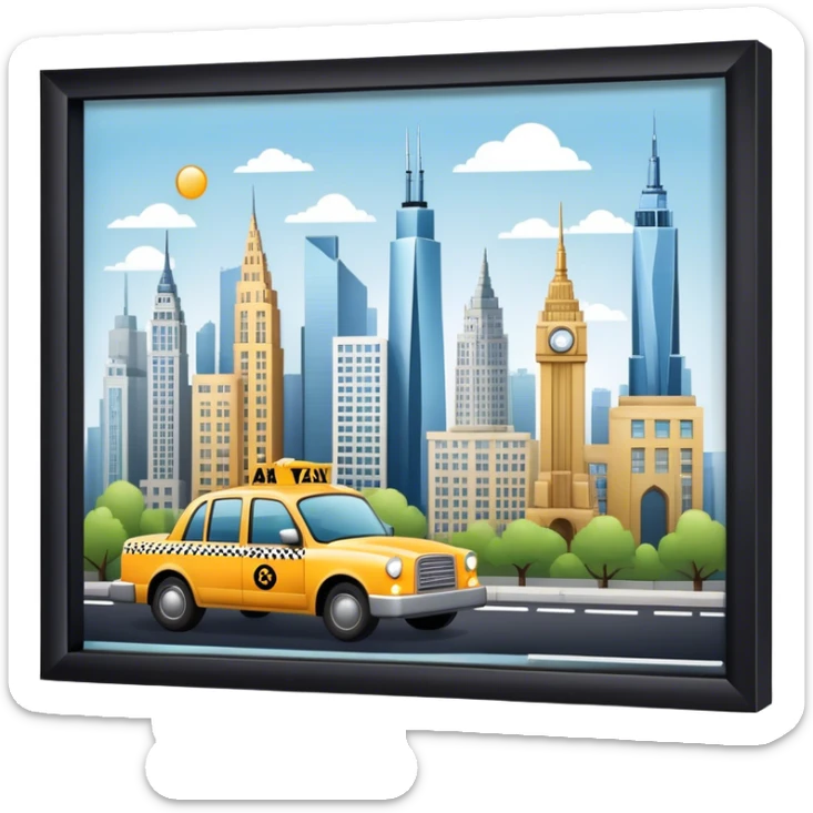 Icon for Urban Tourism: a skyline with iconic city landmarks, like skyscrapers, a subway, and a taxi, with travel accessories like a camera and map. The icon should represent the excitement of exploring urban environments. Transparent background. sticker