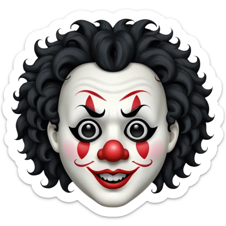 generate white clown mask emoji with a big curly black hair 

black coloured  lips and no teeth, no red nose but instead long and pointy white nose with no nostrils, pitch black eyes with no pupils, no brows sticker