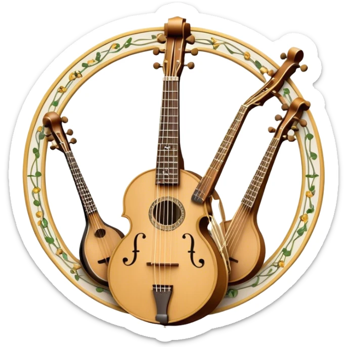Design a sophisticated and festive emblem-like emoji representing plucked and stringed instruments. The layout should resemble a heraldic crest, featuring iconic instruments like a banjo, mandolin, domra, and sitar, artistically arranged in an elegant and symmetrical way. The necks of the instruments should be intertwined with a flowing ribbon of musical notes, winding around the strings and fretboards. The design should be detailed, showcasing the intricate carvings on the instruments, visible strings, and fret markers. Use a rich color palette with deep golds, browns, and vibrant accents to evoke a sense of luxury and celebration. The musical notes should appear to float around the instruments, connecting them in a graceful, dynamic way. Include ornate flourishes or decorative elements like laurels, swirls, or subtle engravings to give the image a professional, emblematic appearance. The background should be transparent. sticker