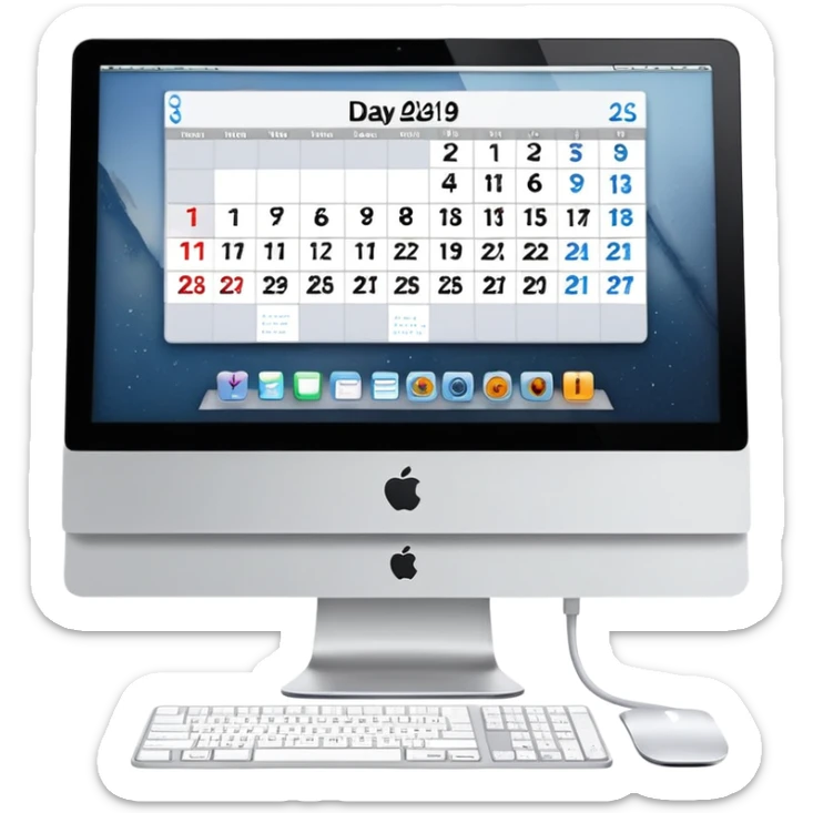 front view of an iMac with a day-calendar on the screen, showing hours and client slots with some booked sticker