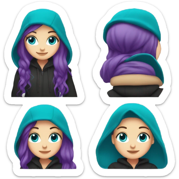 White girl, blue eyes, long teal hair, purple beanie hat, black hoodie, blue jeans, black shoes sticker