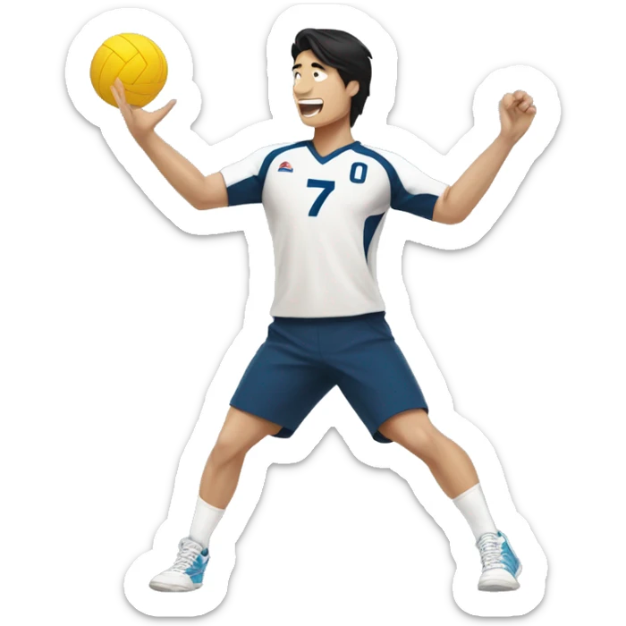 Volleyball spike  an Asian male wearing a uniform with the number 7 sticker