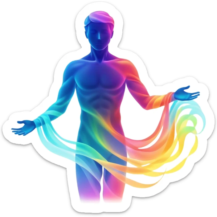Male silhouette composed of ethereal flowing energy waves, abstract style aura forming the shape of a man, no facial features sticker