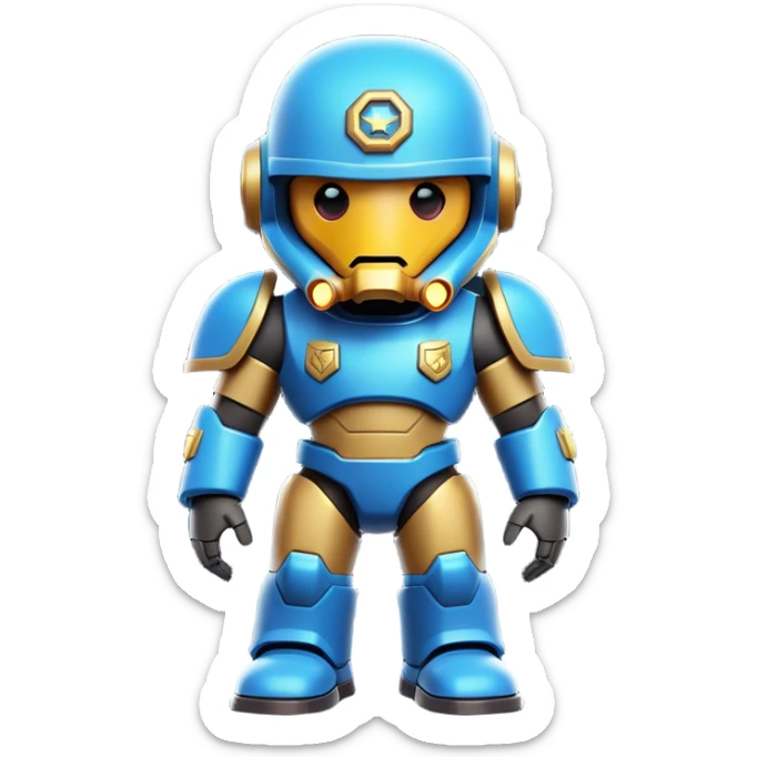 Clash of Clans aesthetic: Cinematic Playful Terran Marine Hero Emoji, rendered in a 3D vector-style similar to standard emojis with minimal shading and bold, simplified shapes. A compact, heroic isometric figure clad in futuristic power armor with signature energy accents, softly glowing with a cosmic battle charm. Simplified yet unmistakably iconic, highly detailed and consistent, glowing with a soft radiant shine and high gloss. Stylized with a touch of interstellar valor and a soft glowing outline, capturing the essence of an elite space warrior with a friendly, playful manner! sticker