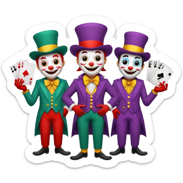 3 poker cards, with crazy colorful human jolly jokers inside, face and body only sticker
