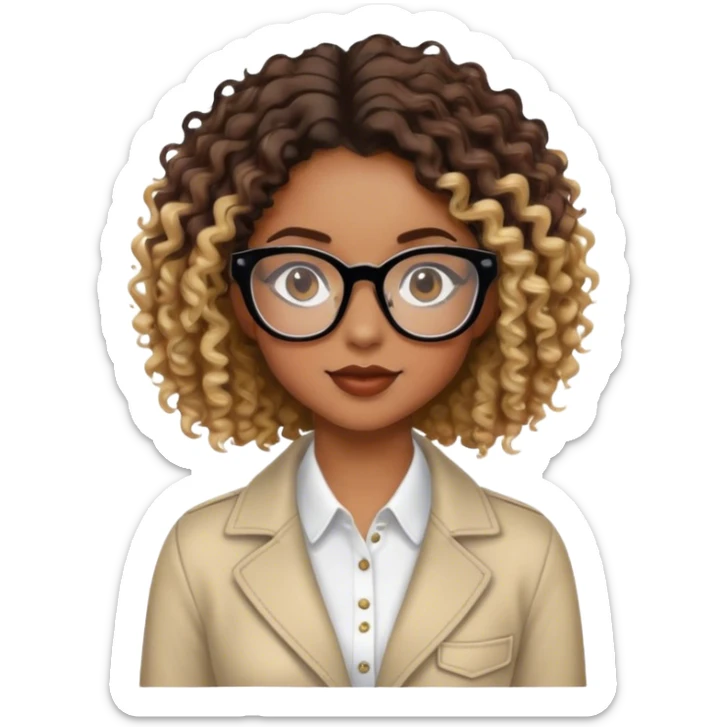 Girl with black glasses and slight smile with brown curly hair with blond highlights in a stylish outfit  sticker