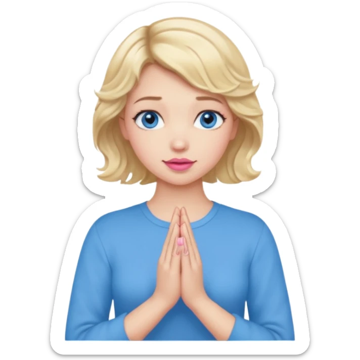 Girl Blonde short wavy hair,  blue eyes, cute blue top, long lashes, pink lips, praying hands sticker