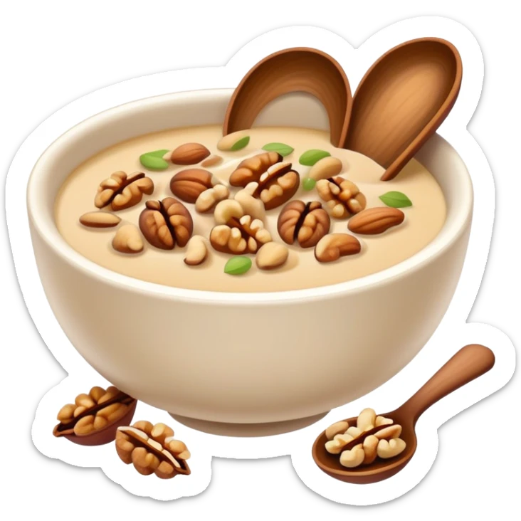 Walnut soup sweet dessert in bowl with nuts, simplified emoji style with bold outlines and bright colors, cartoon style Hetao Hu traditional sweet sticker