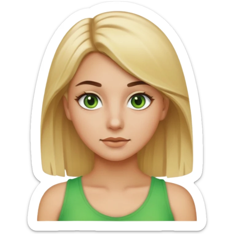 blonde-haired, green-eyed young woman with brown eyebrows and summer tan, iPhone emoji style sticker