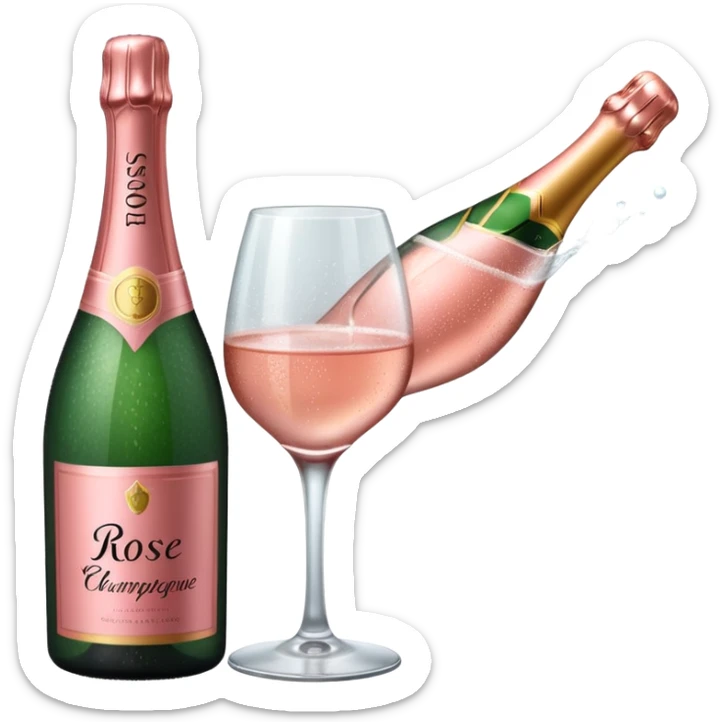 bottle of sparkling rose champagne tilted up and to the right sticker