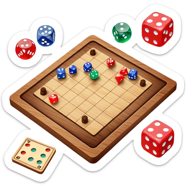 A photorealistic icon featuring a wooden board with a variety of game pieces, dice, a spinning top, and a set of colorful tokens. The design includes a rich, detailed texture of the board and game pieces, capturing the fun and strategy of different tabletop games. Transparent background. sticker