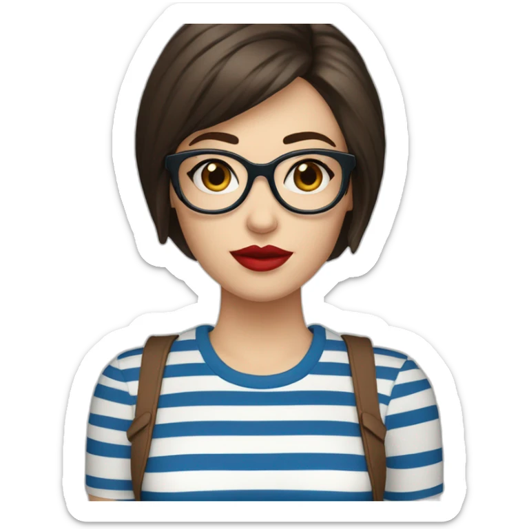 caucasian woman with retro glasses, dark brown hair, a bob haircut, bangs, red lipstick, blue and white striped t shirt sticker