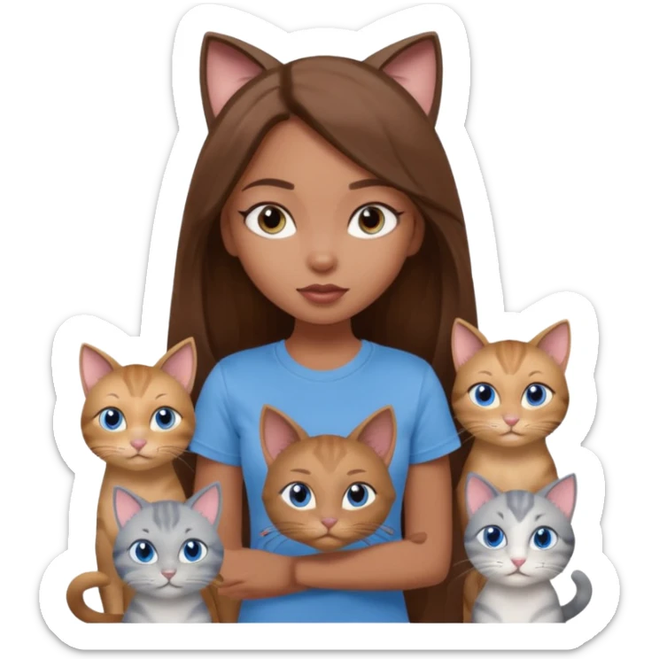 a pretty bratz dusky girl with long brown hair, blue eyes with six cats nd wearing a grey tshirt sticker