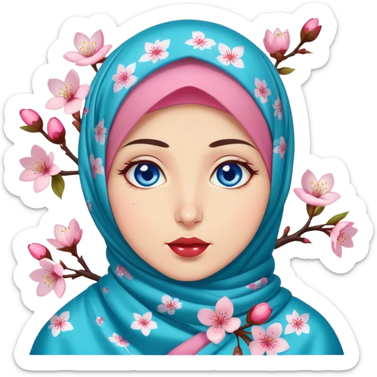 Turkish beautiful finish Konya girl blue eyes with cherry blossom floral hijab islamic dress and with yummy Drooling face sticker