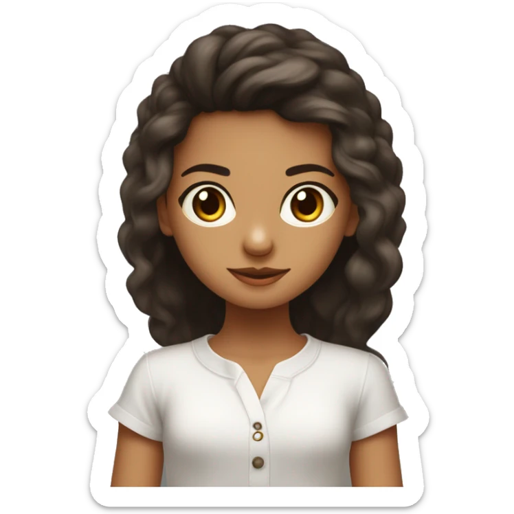 Niña de pelo largo color café oscuro, ojos cafes oscuros, camisa blanca,  que tenga una balaca roja con un moño, de piel blanca con pecas sticker