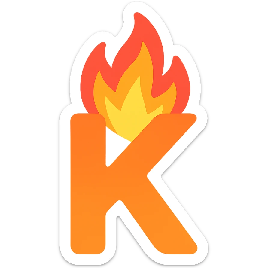 full color letter 'K' with intense animated-looking flames conveying a sense of exasperation sticker