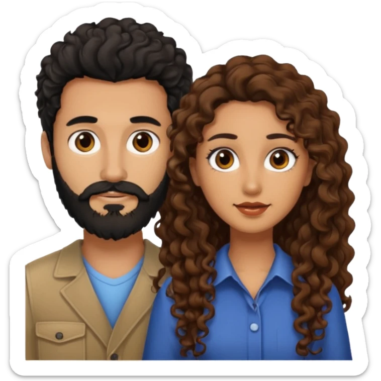 pareja de Mujer morena rizada cabello largo castaño ojos oscuros y hombre piel clara cabello negro con barba  y ojos marron sticker