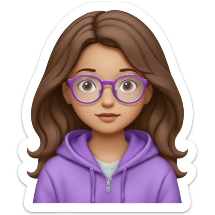 Chica de pelo largo y ondulado, con gafas redondas y expresión suave; viste una sudadera lila y transmite un estilo tranquilo y relajado. sticker