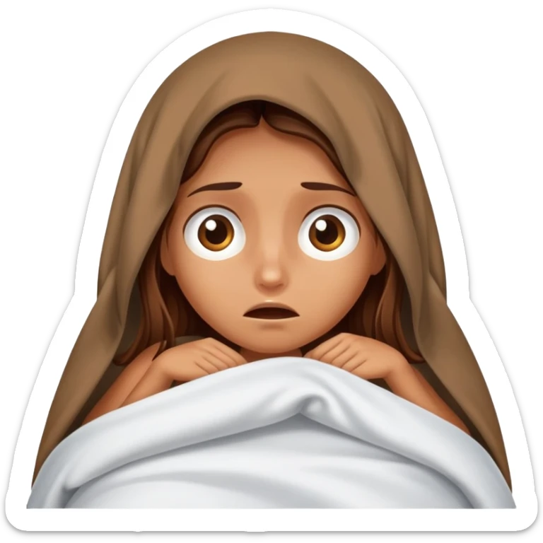 a tanned girl with brown long hair hid under the blanket in bed in fear sticker