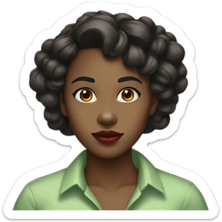 Black girl with dark brown bright eyes and red tinted lips , wavy long black hair parted with a widow's peak, wearing a pastel green shirt sticker