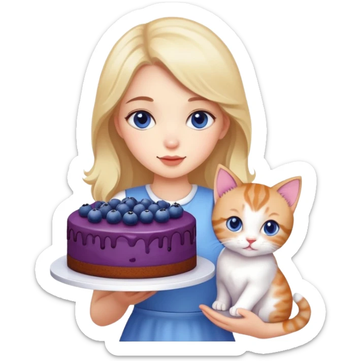 Beautiful girl holding a big blueberry cake and a kitten in her hands sticker