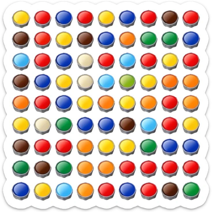 Icon for Bottle Cap Collecting (Capsophilia): a collection of colorful and unique bottle caps from various drinks, neatly arranged in a display case or on a table. The icon should emphasize the variety and charm of collecting bottle caps. Transparent background. sticker