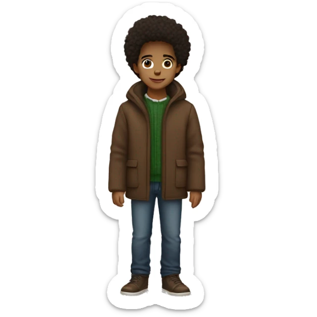 winter, christmas, hispanic, afro hair,  boy, short hair, brown eyes, child, full body, brown coat sticker