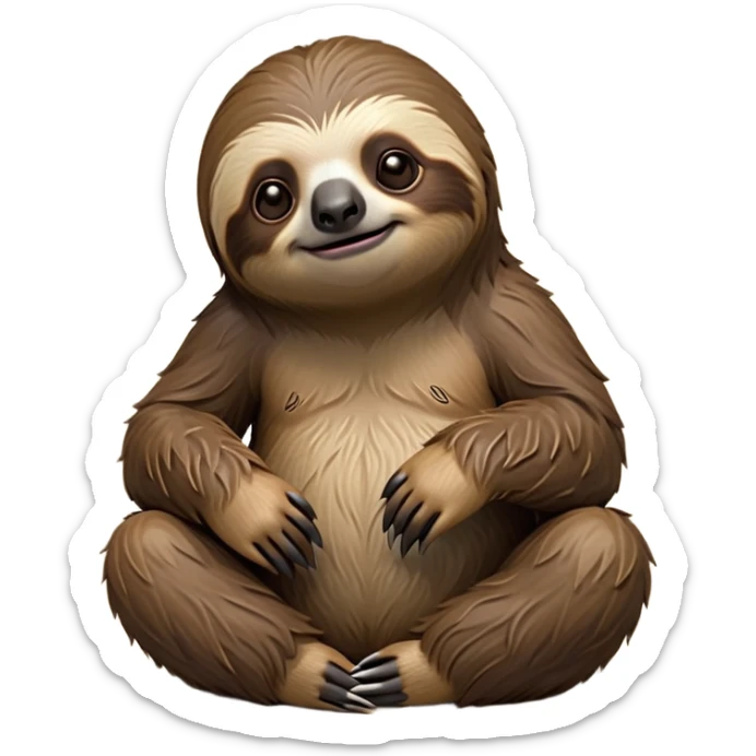 cinematic-sloth-realistic-full-body-sitting-emoji,-long-curved-claws-clinging,-thick-shaggy-brown-fur-slightly-ruffled,-head-tilted-dramatically,-slow-blinking-eyes-filled-with-serene-wisdom,-simplified-yet-realistic-focused-features,-highly-detailed,-glowing-with-an-almost-sarcastic-glow sticker