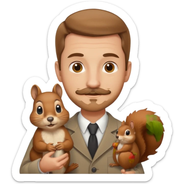 A man with light brown hair who is tall with a slight moustache and facial hair holding a squirrel  sticker