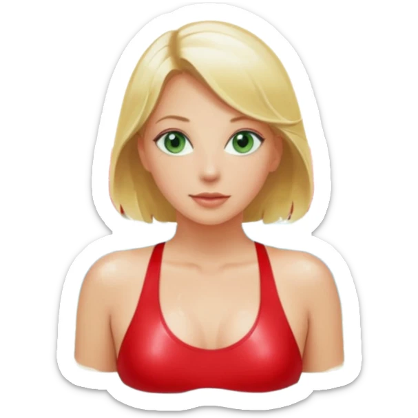 Blonde Woman, Green eyes, Red onepiece, sexy legst,Background Indoor pool sticker