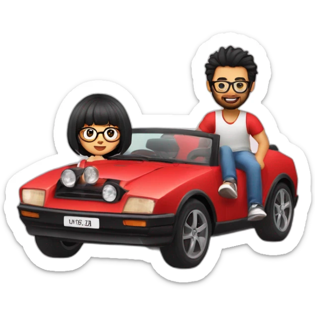 man with black hair and beard drive a red sportive car. A girl is settled near him. The girl wear glasses and she have black hair with bangs sticker