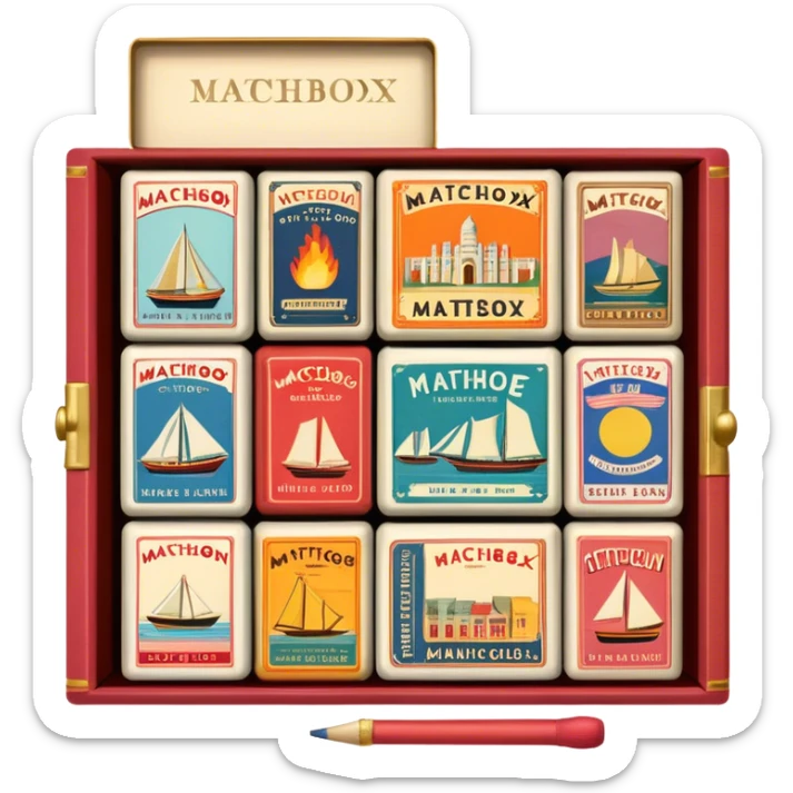 Icon for Matchbox Collecting: a collection of vintage and colorful matchboxes from different places, neatly displayed in a row or in a display case. The icon should reflect the uniqueness and diversity of matchbox collecting. Transparent background. sticker