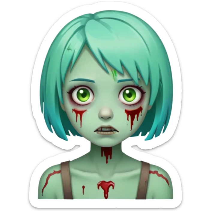 cartoon zombie girl with short turquoise hair bob cut, green decaying skin, bloody scars sticker