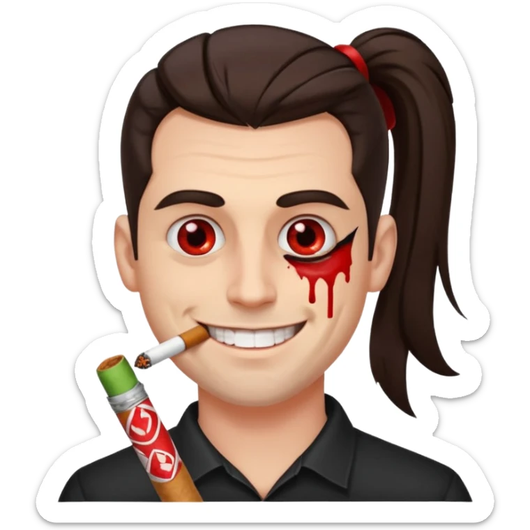A white man with dark brown hair in a ponytail, oversized bloodshot eyes, grinning, smoking a long roll up sticker